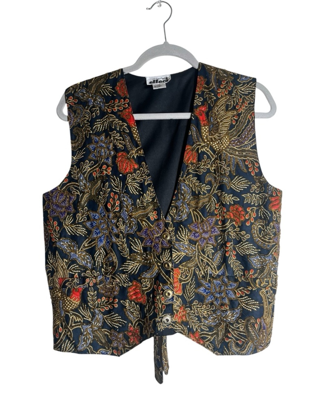 Vintage Tapestry Vest Floral Bird Print Tie Back Cotton Boho Cottagecore M